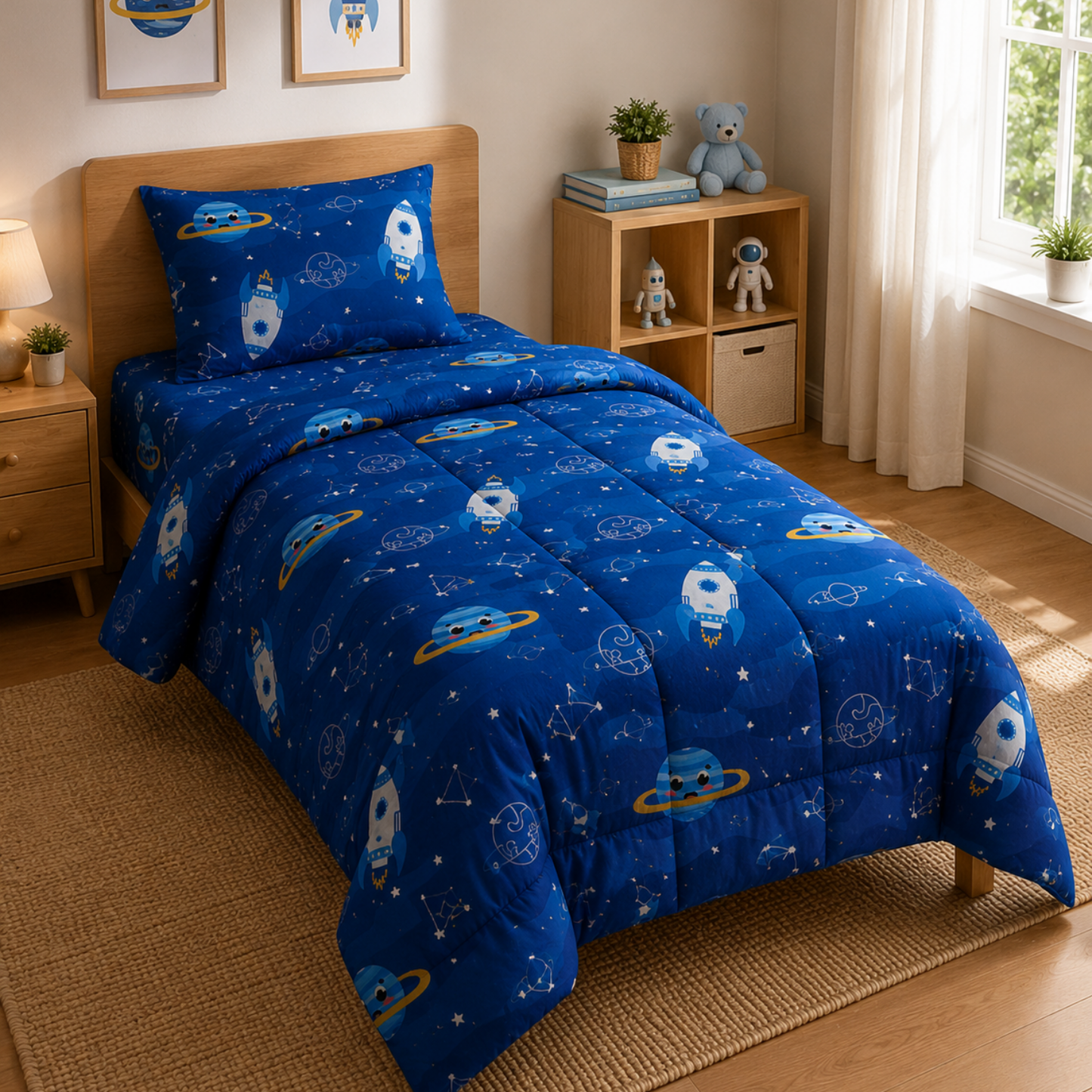 HABOO Space Explorer Single Bed Comforter Set for Kids | 1 Comforter, 1 Bedsheet & 1 Pillow Cover | Rocket & Planet Print Bedding Set