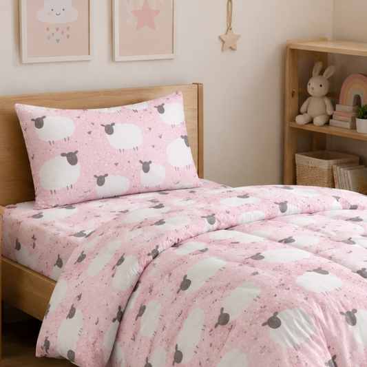 HABOO Sweet Sheep Single Bed Comforter Set for Kids | 1 Comforter, 1 Bedsheet & 1 Pillow Cover | Soft Pink Kids Bedding Set