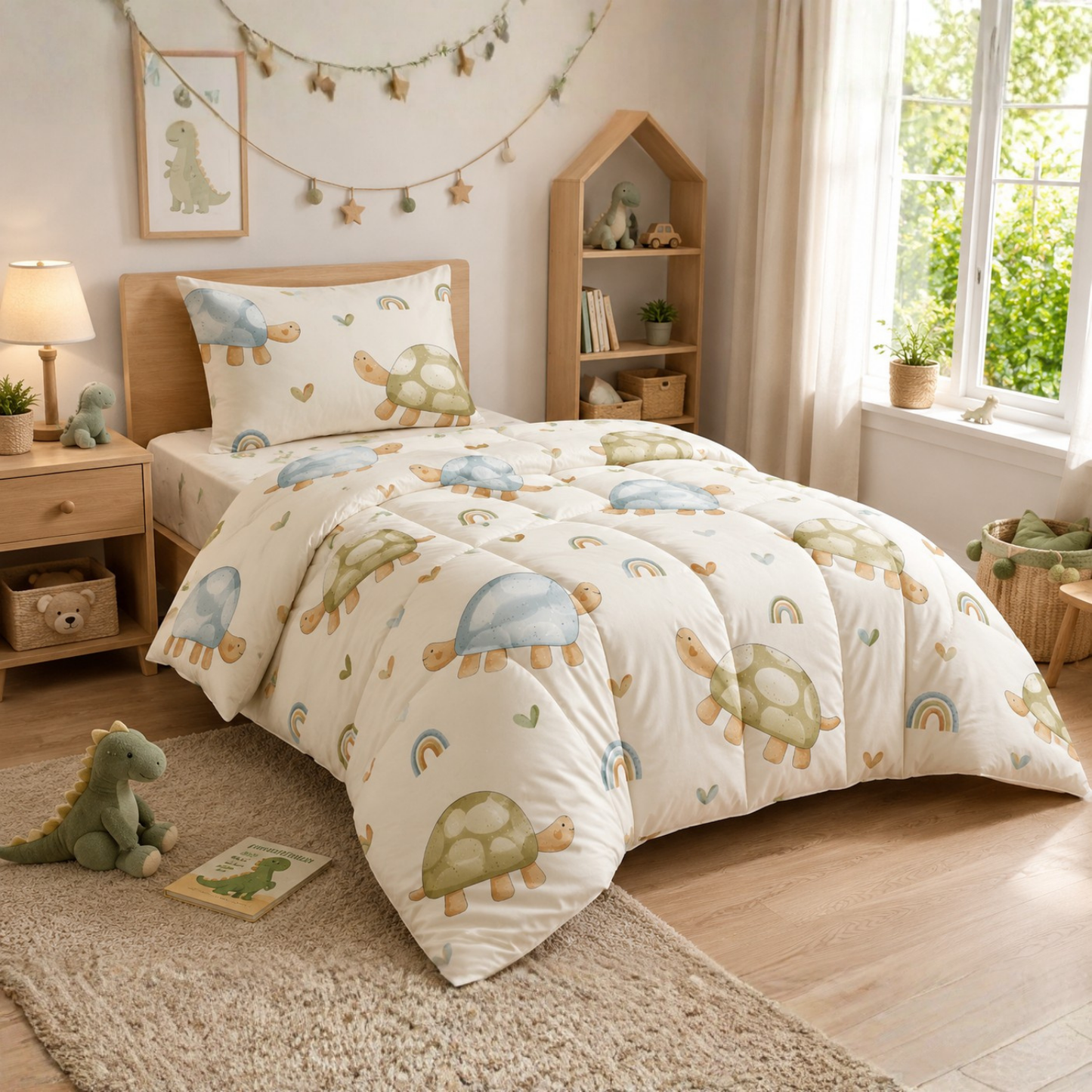 HABOO Turtle Dreams Single Bed Comforter Set for Kids | Soft Comforter, Bedsheet & Pillow Cover | Cute Turtle Print Bedding