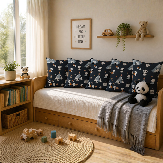 Panda Camping Kids Cushion Cover Set of 5 – 16x16 Inch Soft Cotton Decorative Cushions for Kids Room & Playroom