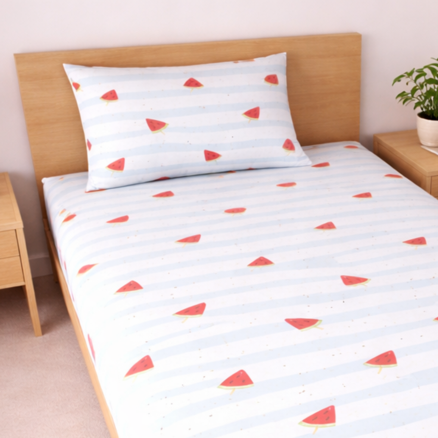 Blue Stripe Watermelon Print Single Bedsheet with 1 Pillow Cover | Soft Cotton Kids Bedding Set