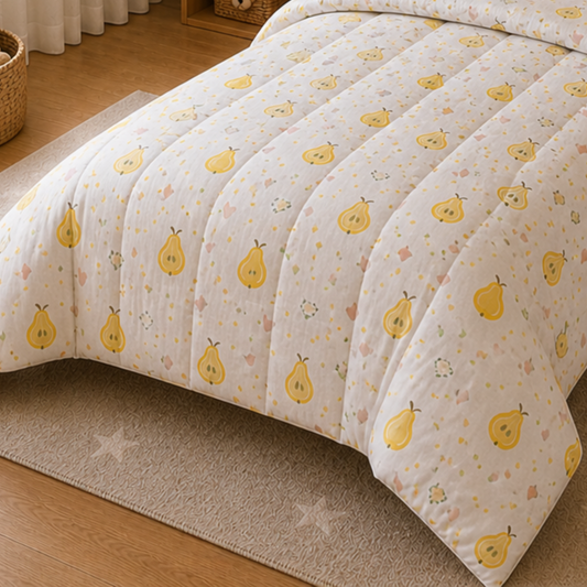 Haboo Sweet Pear Pure Cotton 3-Piece Single Bed Comforter Set with Bedsheet & 1 Pillow Cover | Kids Bedding in White & Yellow