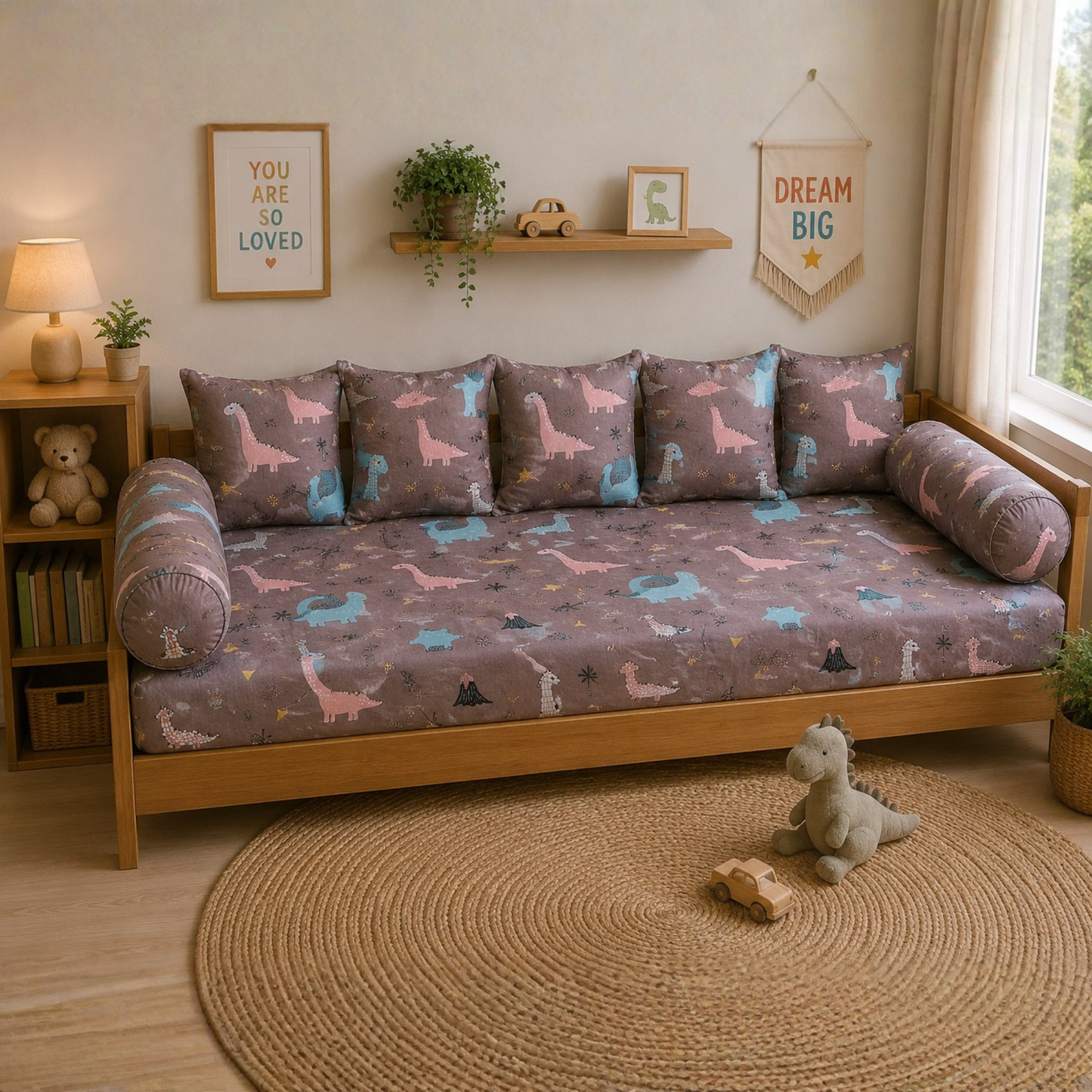 Cute Dinosaur Kids Diwan Set – 8 Pieces Soft Cotton Sofa Cum Bed Set for Nursery & Kids Room