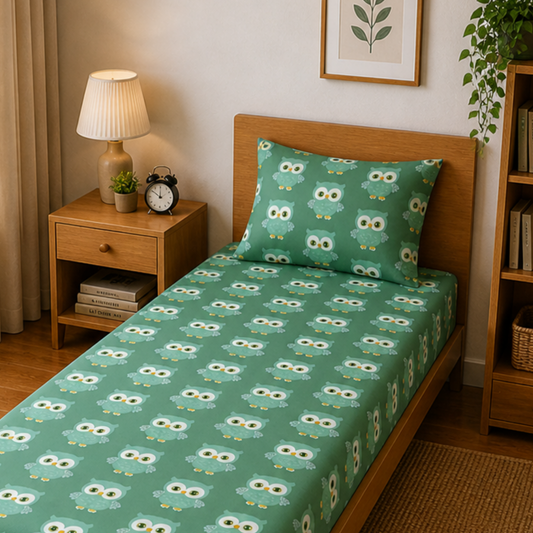 Green Cute Owl Print Single Bedsheet with 1 Pillow Cover | Soft Cotton Kids Bedding Set