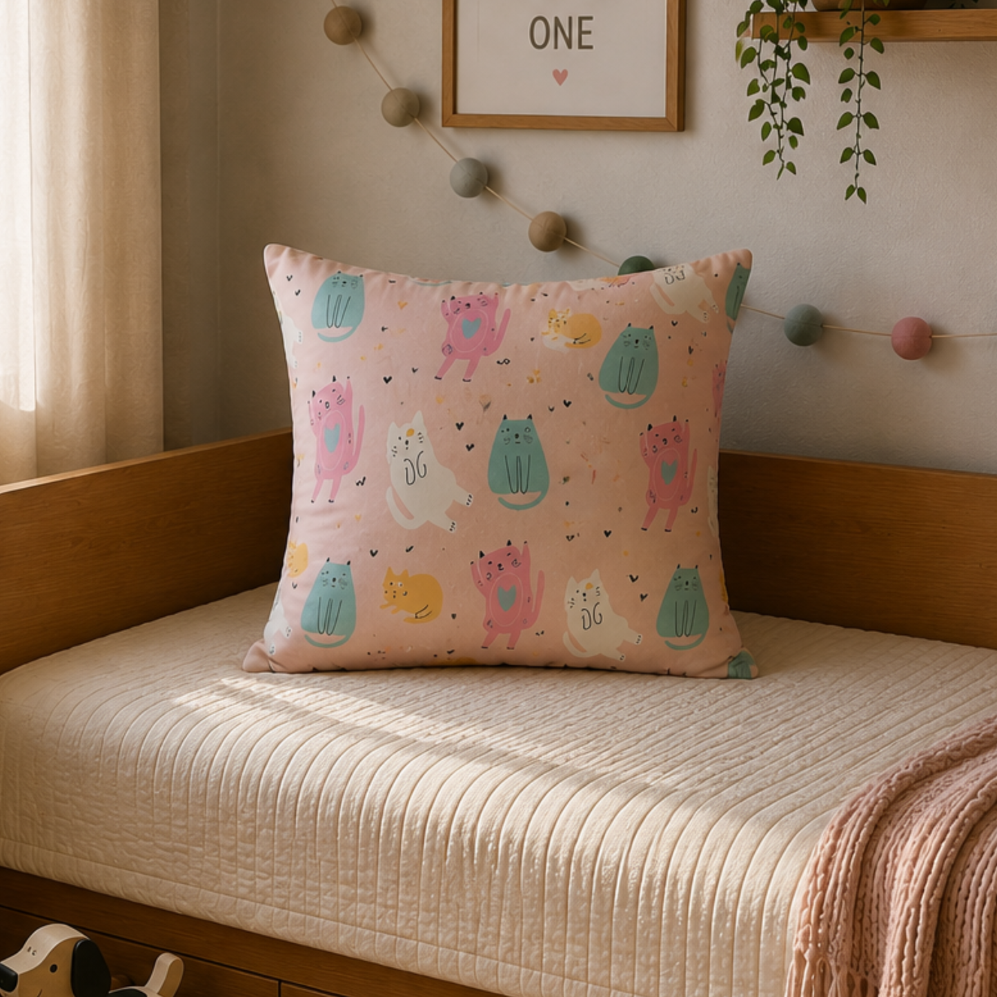 Cute Cat Kids Cushion Cover Set of 5 – 16x16 Inch Soft Cotton Decorative Cushions for Kids Room & Nursery