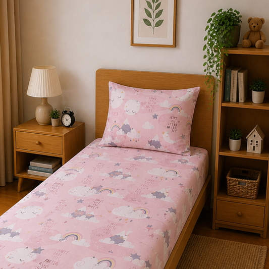 Pink Moon and Star Print Single Bedsheet with 1 Pillow Cover | Soft Cotton Kids Bedding Set