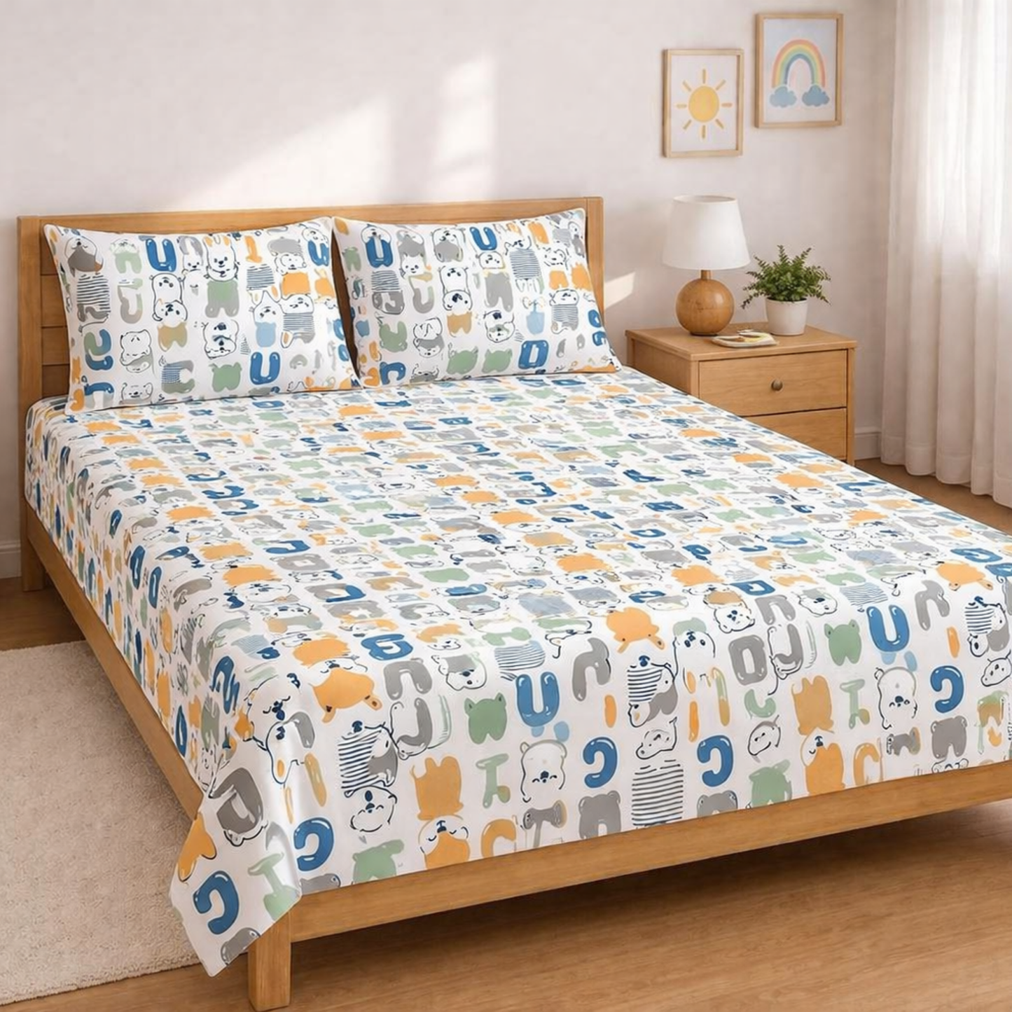 Multicolor Alphabetical Print Double Bedsheet with 2 Pillow Covers | Soft Cotton Kids Bedding Set
