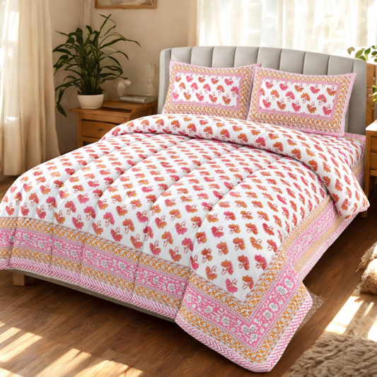 6 Piece Pure Cotton Comforter Set with Jaipuri Handblock Prints