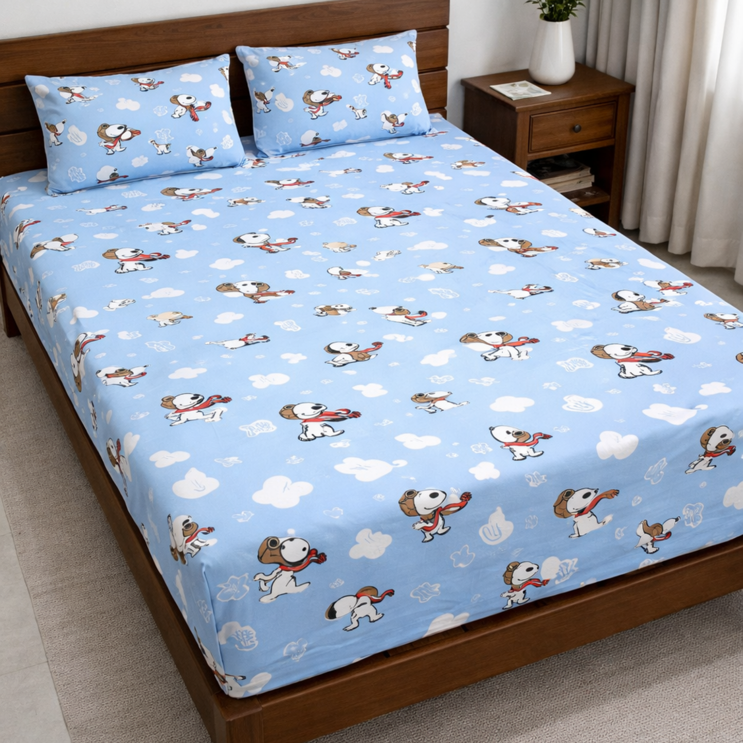 Blue Snoopy Character Print Double Bedsheet with 2 Pillow Covers | Soft Cotton Kids Bedding Set