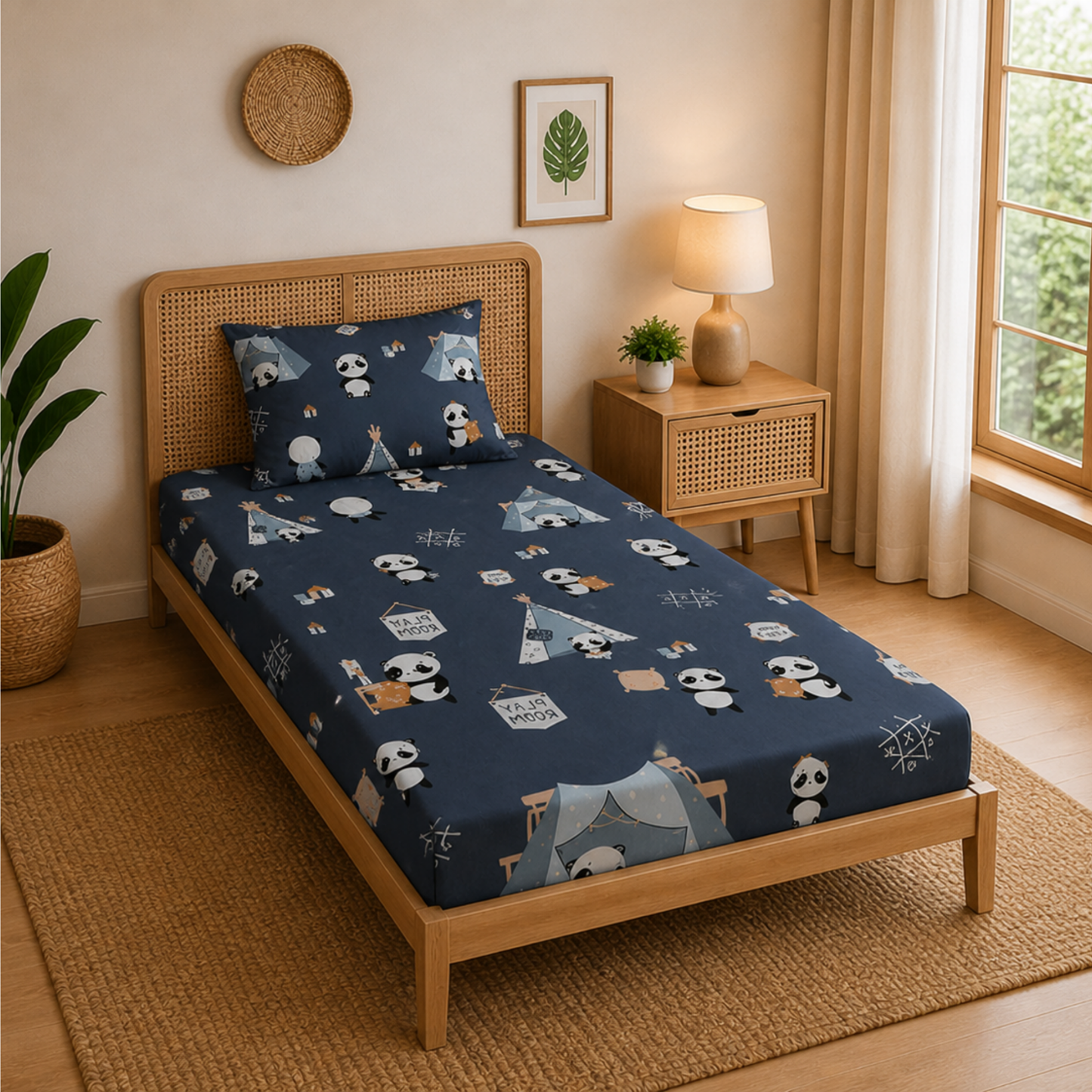Navy Blue Cute Panda Born Fire Print Single Bedsheet with 1 Pillow Cover | Soft Cotton Cute Bedding Set