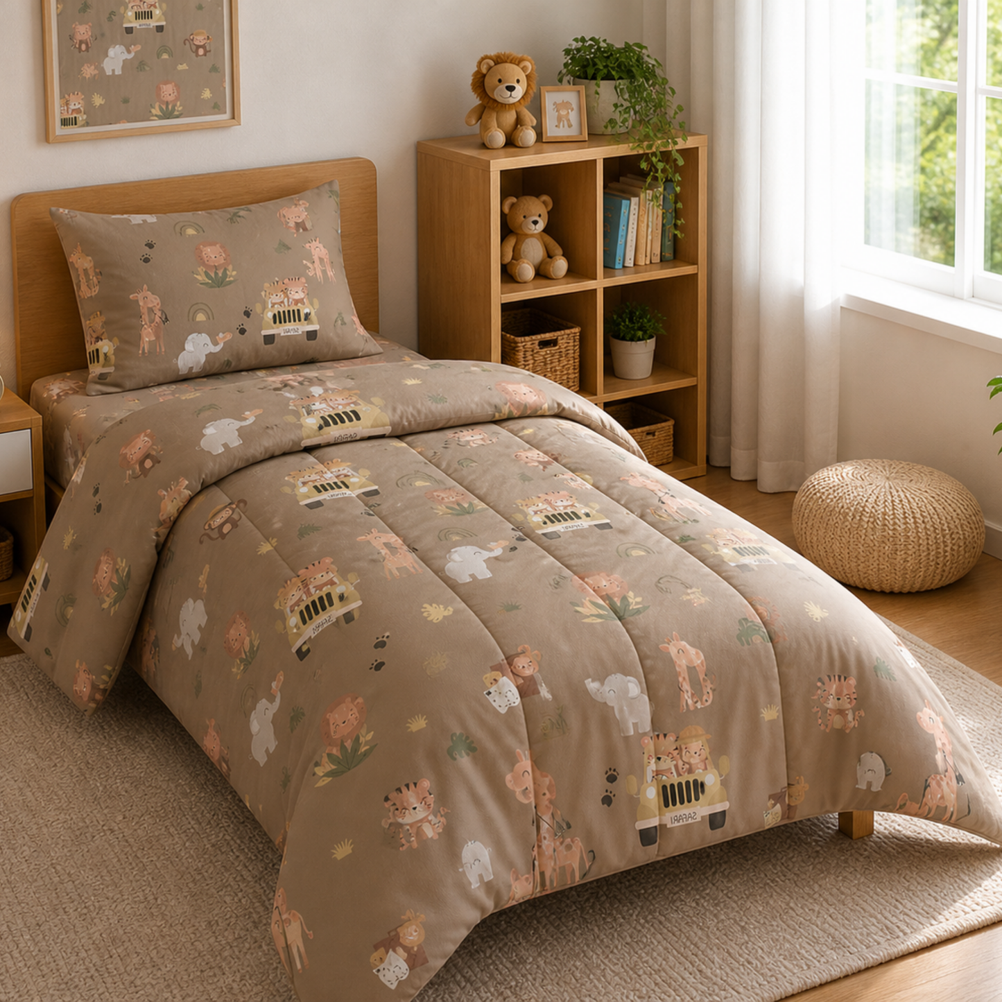 Pure Cotton Jungle Safari Single Bed Comforter Set – 3 Pc Kids Bedding with Bedsheet & Pillow Cover
