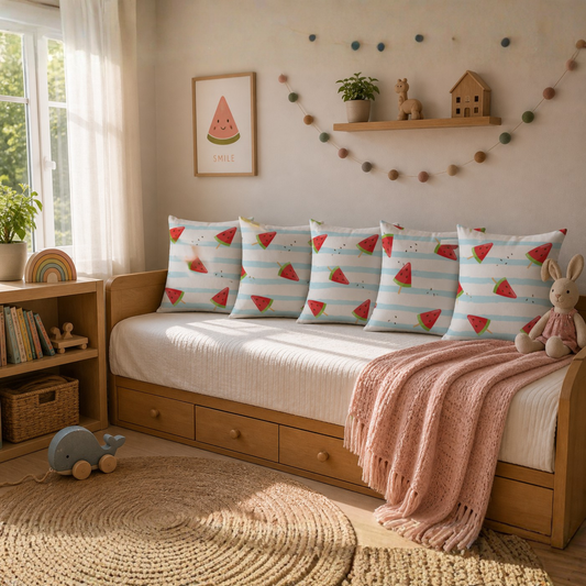 Watermelon Kids Cushion Cover Set of 5 – 16x16 Inch Soft Cotton Decorative Cushions for Kids Bedroom & Playroom