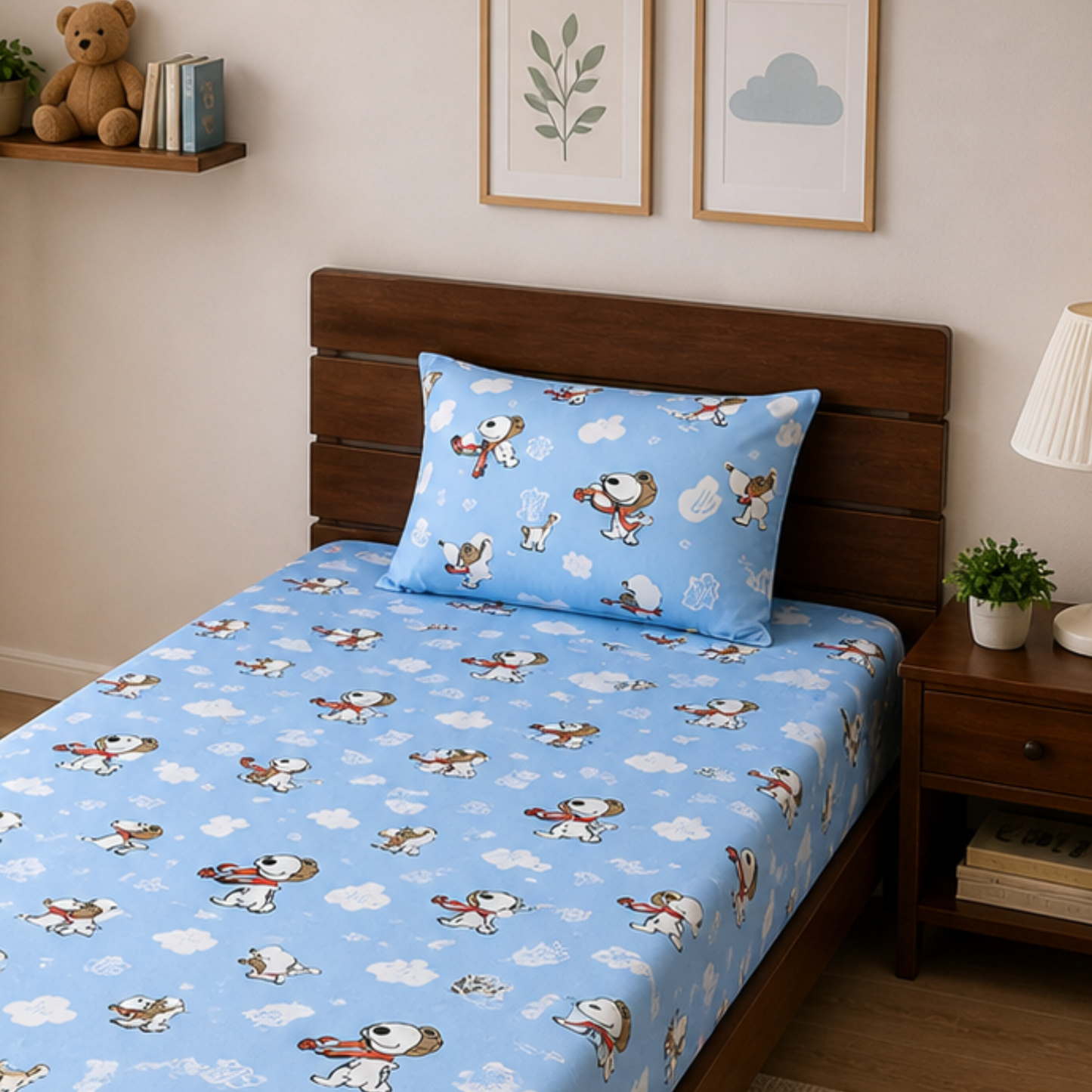 Blue Snoopy Print Single Bedsheet with 1 Pillow Cover | Soft Cotton Kids Bedding Set