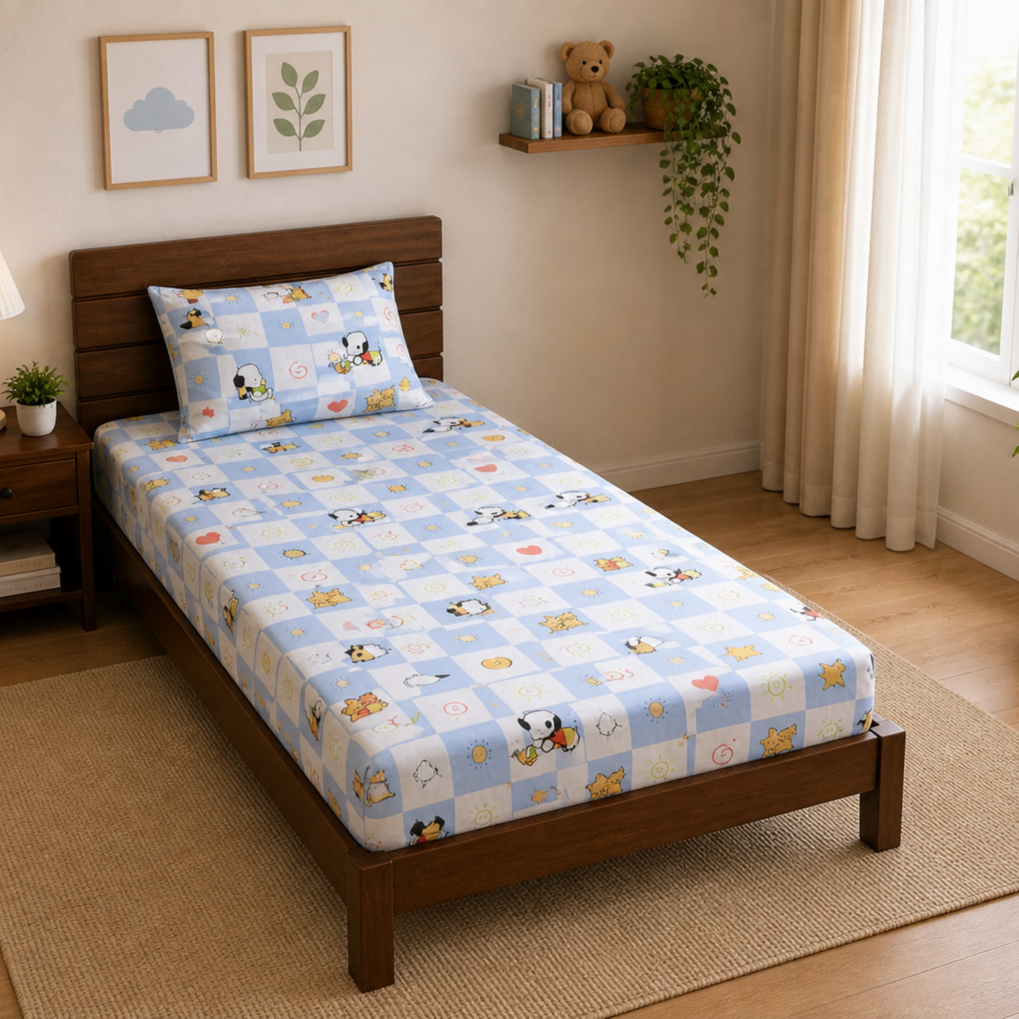 Snoopy checks Print Single Bedsheet with 1 Pillow Cover | Soft Cotton Kids Bedding Set (Blue)