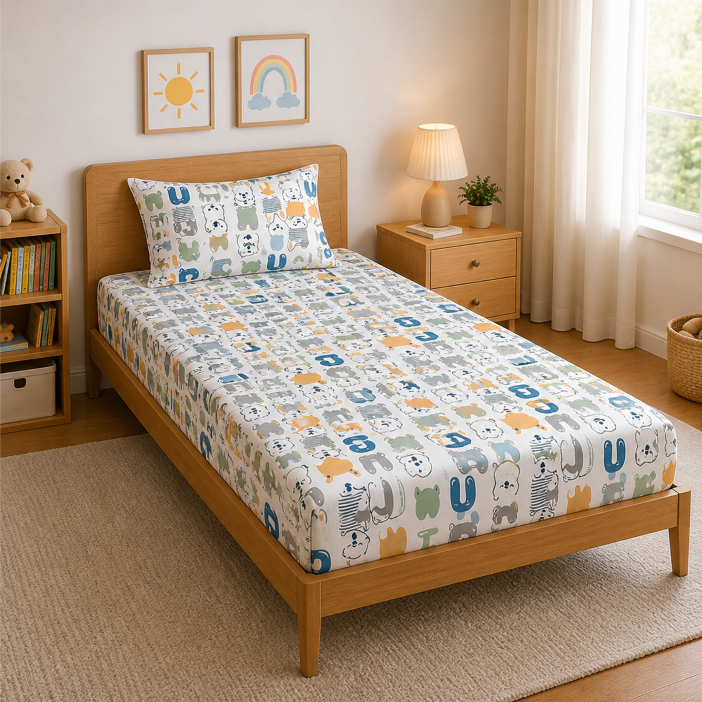 Multicolor Alphabetical Print Single Bedsheet with 1 Pillow Cover | Soft Cotton Kids Bedding Set