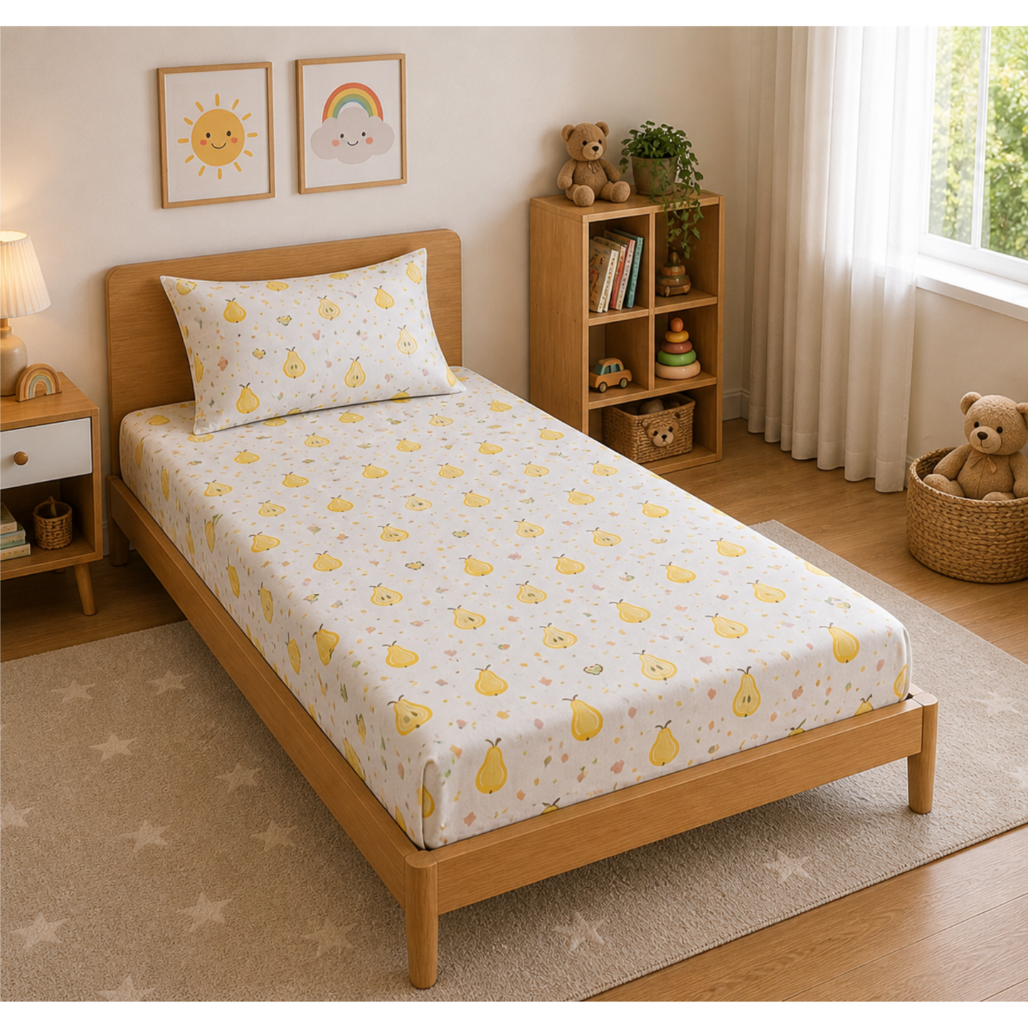 Yellow Pear Print Single Bedsheet with 1 Pillow Cover | Soft Cotton Bedsheet Set (White Multicolor)