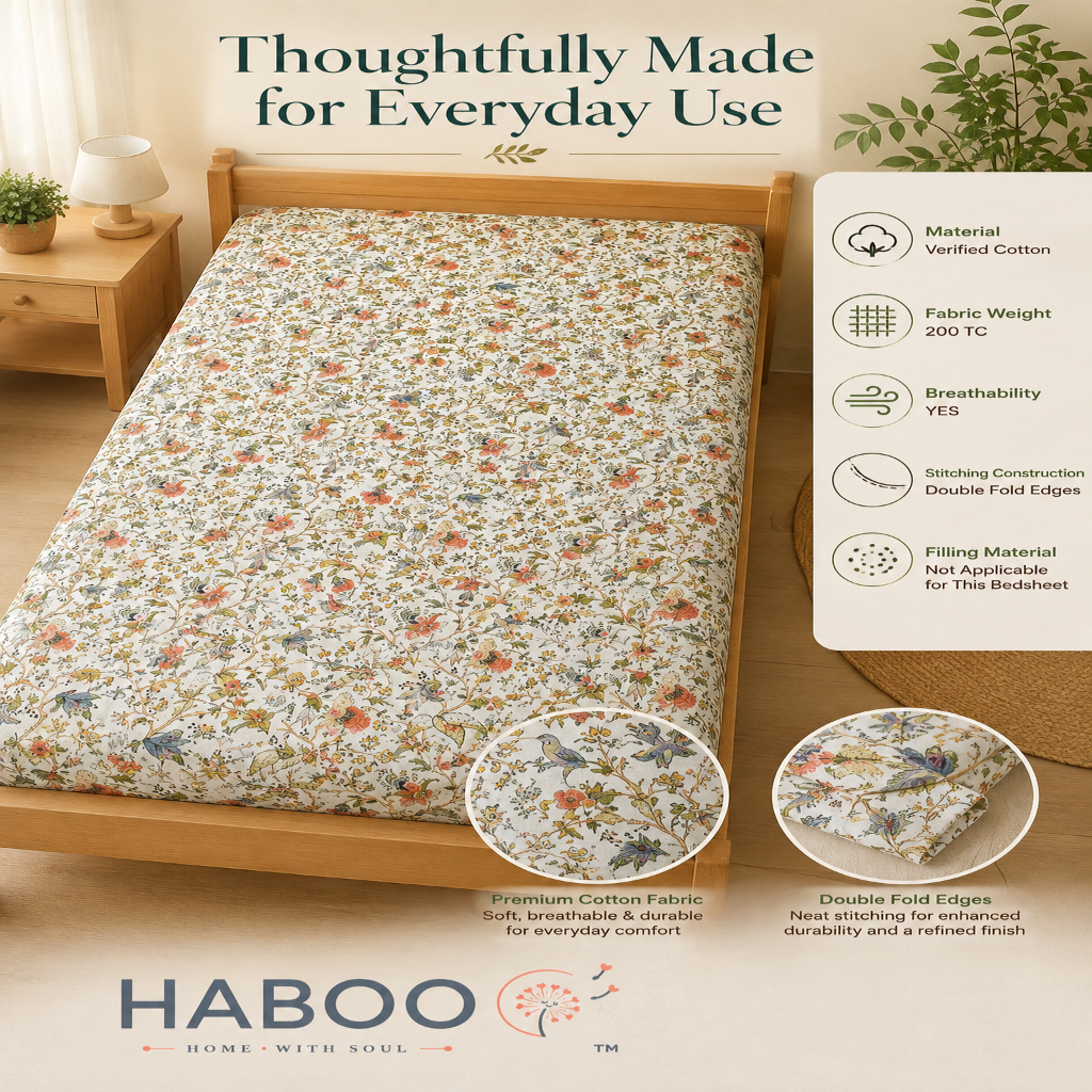 Heritage Petals โ Pure Cotton Single Bed Bedsheet with 1 Pillow Cover