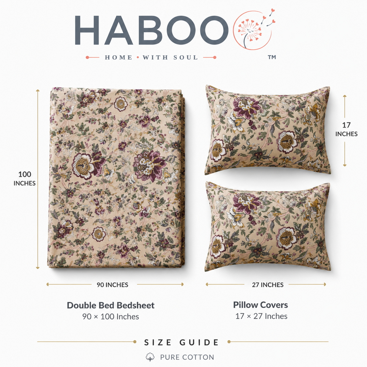Meadow Garden King Size Bedsheet | Pure Cotton Floral Bedsheet with 2 Pillow Covers