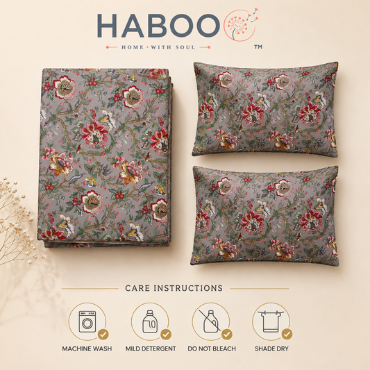 Heritage Bloom King Size Bedsheet | Pure Cotton Floral Bedsheet with 2 Pillow Covers