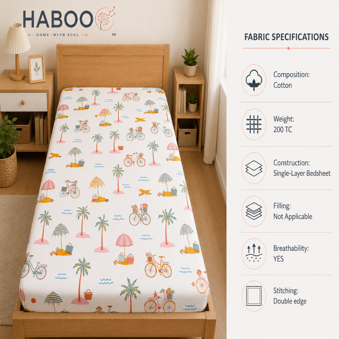 HABOO Kids Single Bed Bedsheet with 1 Pillow Cover | Soft Cotton Blend Beach Print Bedding Set for Boys & Girls | 60 x 90 Inch Kids Bedroom Bedsheet