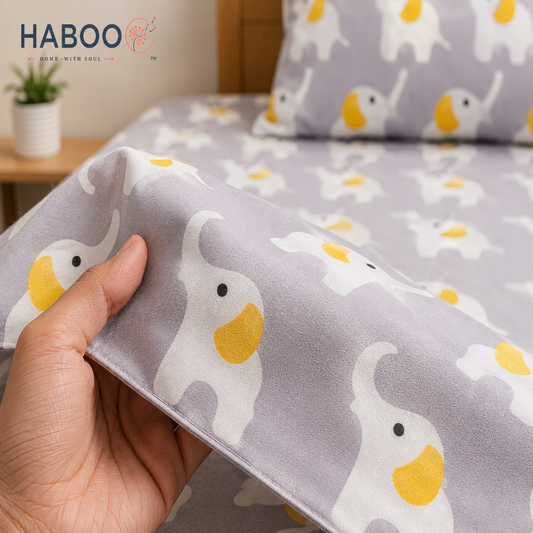 HABOO Kids Single Bed Bedsheet with 1 Pillow Cover | Cute Elephant Print Soft Cotton Blend Bedding Set for Boys & Girls | 60 × 90 Inch