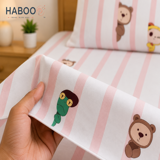 Peekaboo Pals Single Bed Cotton Bedsheet with 1 Pillow Cover | Soft Kids Printed Bedding Set | Premium Breathable Bed Linen
