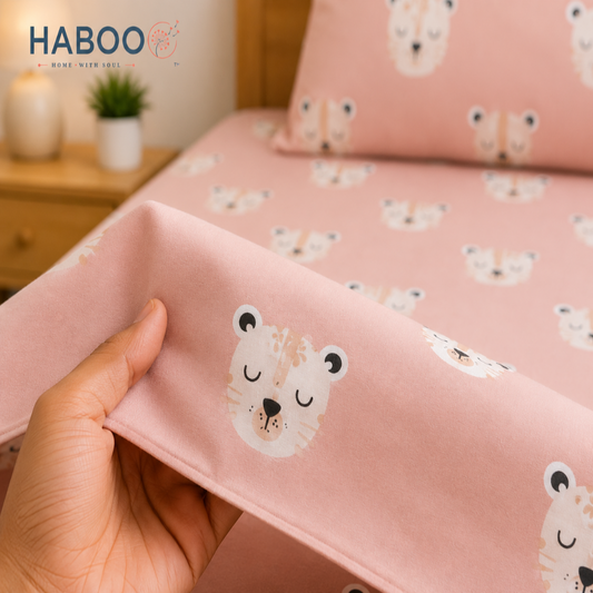 Cute White Tiger Print Double Bed Cotton Bedsheet with 2 Pillow Covers | Soft Pink Kids Bedding Set | Premium Breathable Bed Linen