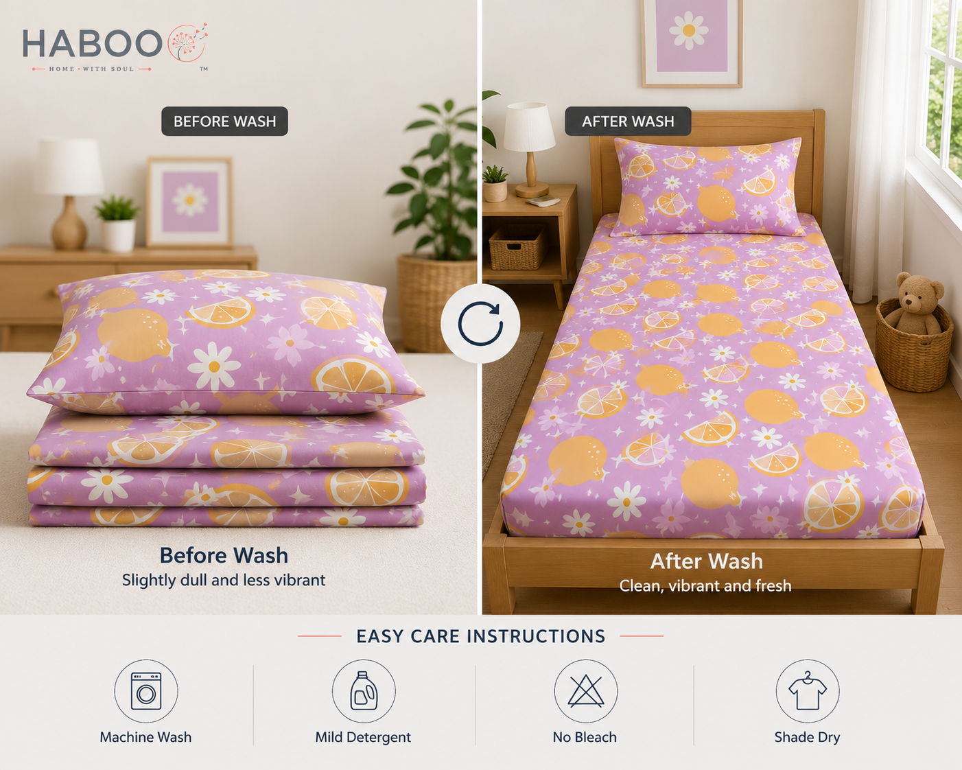 HABOO Citrus Bloom Kids Single Bed Bedsheet with 1 Pillow Cover | Lemon Print Soft Cotton Blend Bedding Set | 60 × 90 Inch