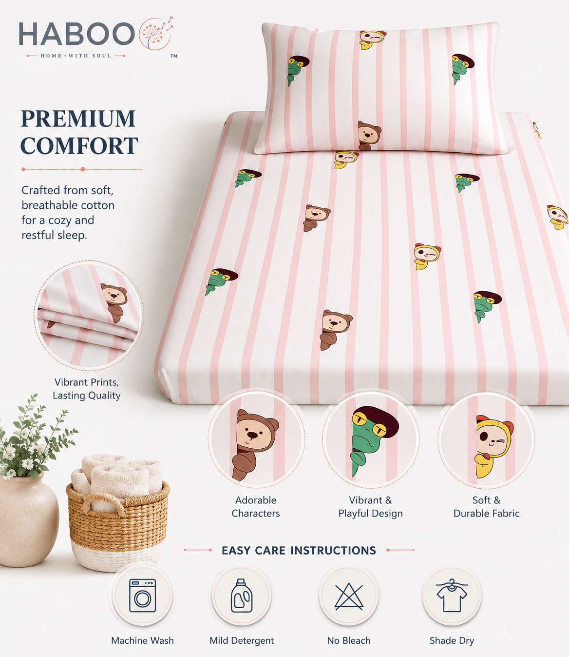 Peekaboo Pals Single Bed Cotton Bedsheet with 1 Pillow Cover | Soft Kids Printed Bedding Set | Premium Breathable Bed Linen