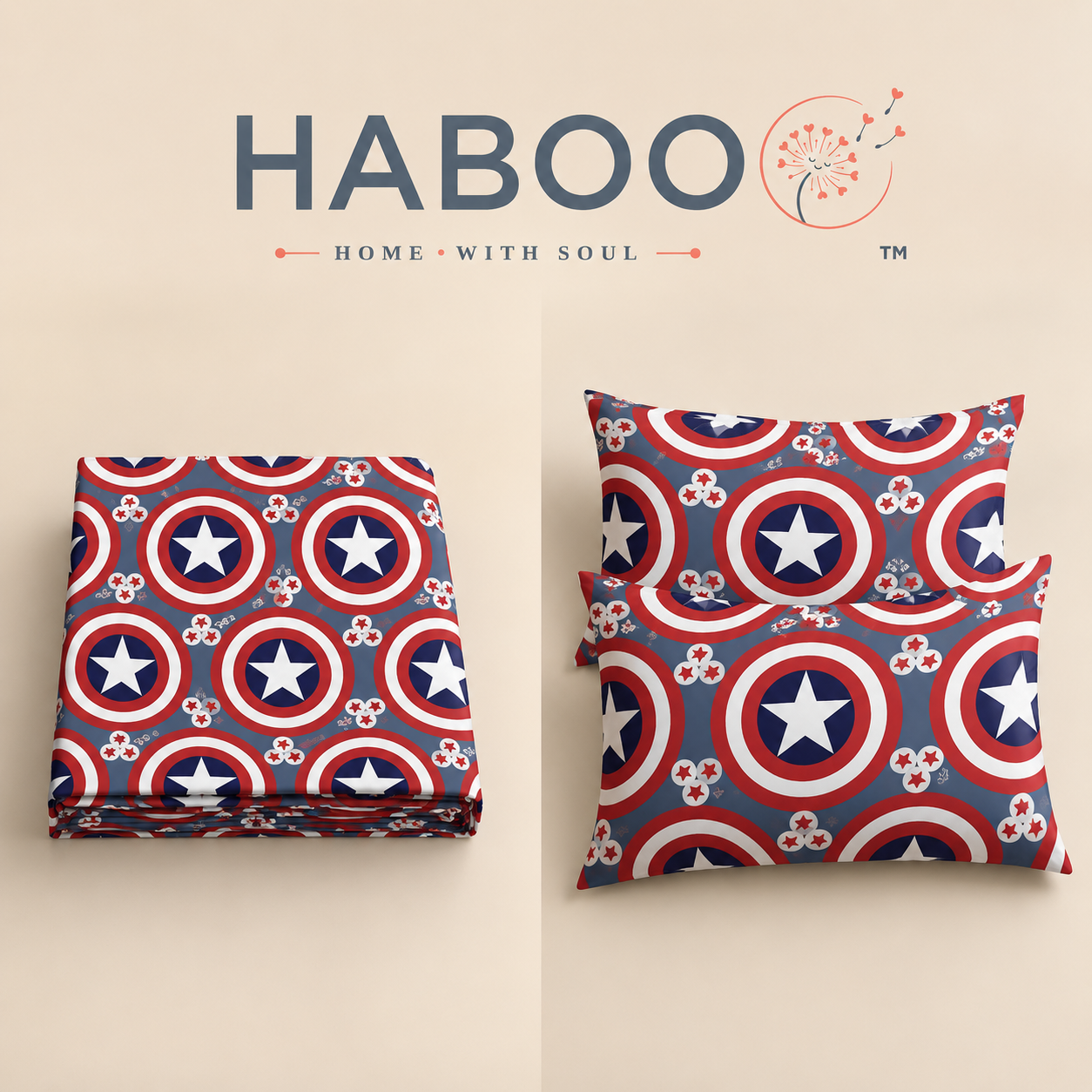 Red, White & Navy Star Shield Print Double Bedsheet with 2 Pillow Covers – Kids Bedding Set