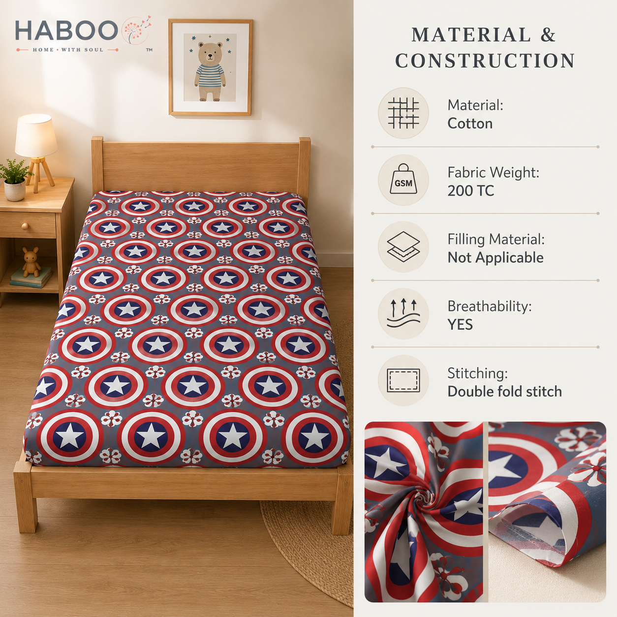 Captain Shield Adventure – Kids Single Bedsheet with 1 Pillow Cover
