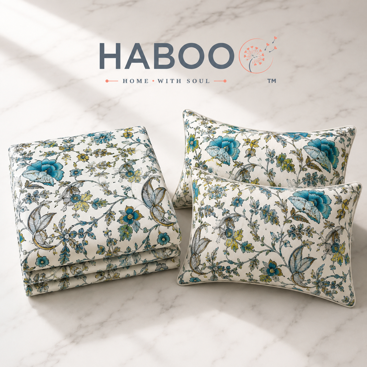 Blue Floral & Bird Double Bedsheet with 2 Pillow Covers | Botanical Printed Bed Sheet