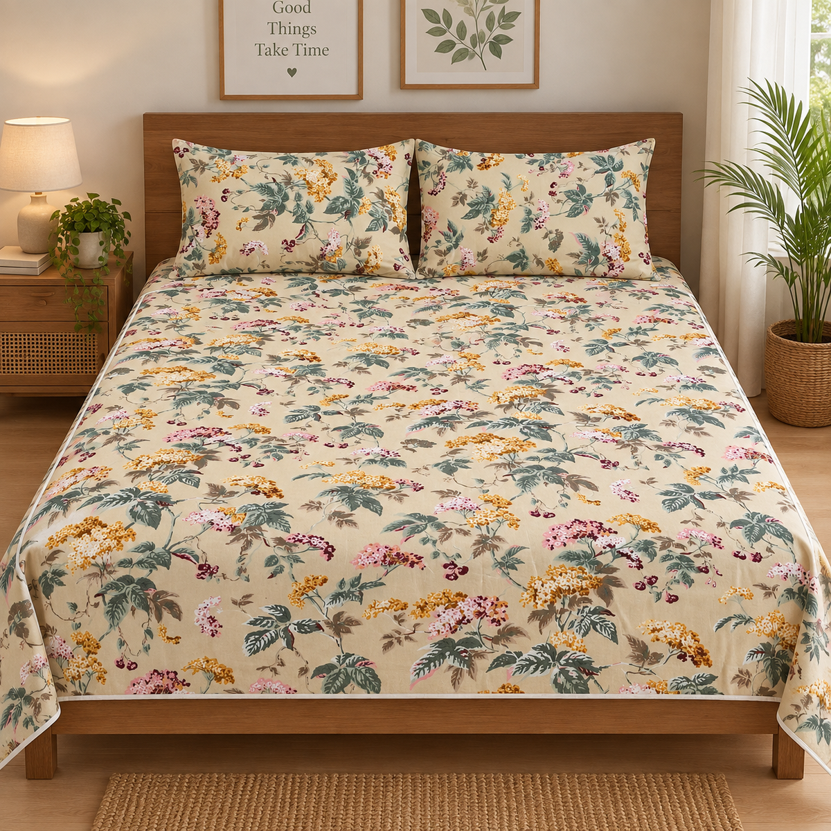 Heritage Bloom King Size Bedsheet – Pure Cotton with 2 Pillow Covers