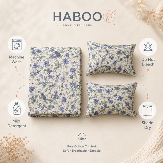 Blue Floral & Bird Printed Double Bed Bedsheet with 2 Pillow Covers | Cotton