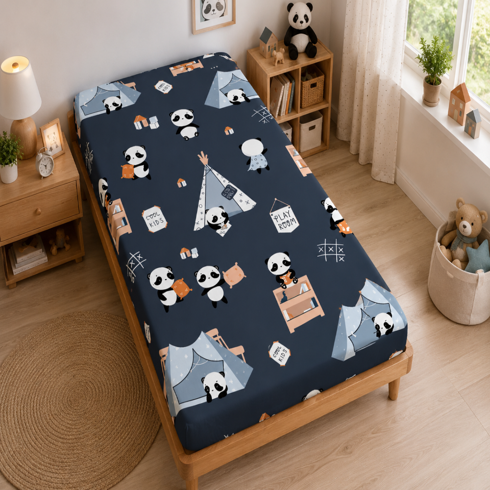Navy Blue Cute Panda Born Fire Print Single Bedsheet with 1 Pillow Cover | Soft Cotton Cute Bedding Set