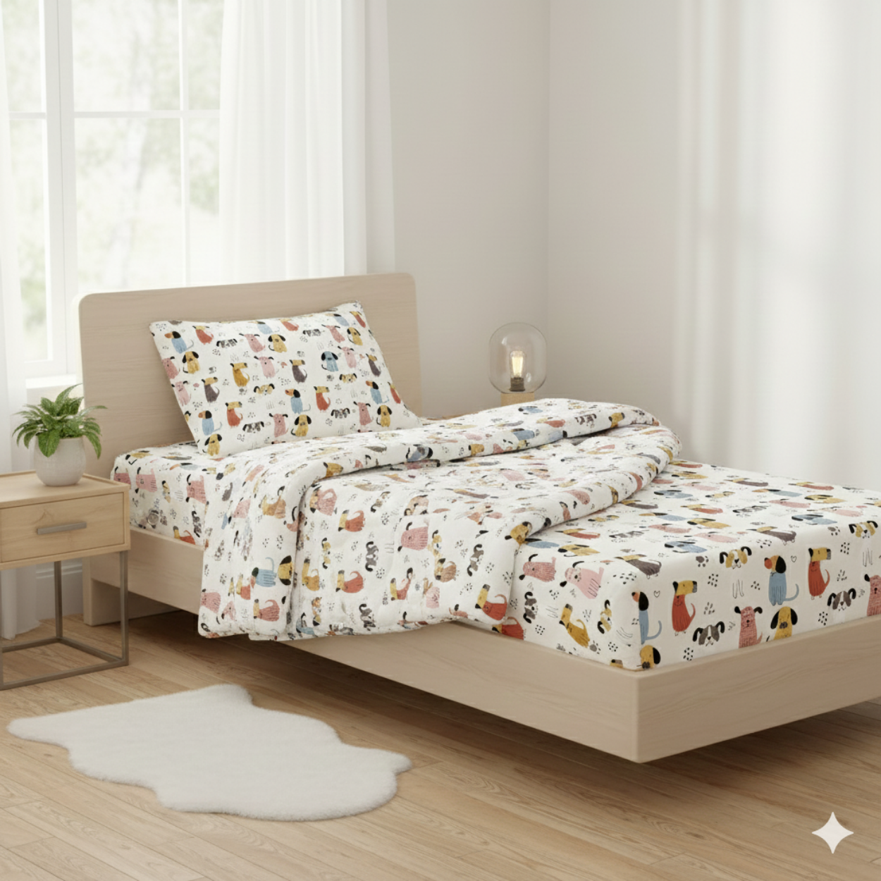Haboo | Playful Multi-Color Puppy Dog Character Print Cotton 3 Pcs Single Bed Set - 60*90 Comforter, Flat Bedsheet & 1 Pillow Cover