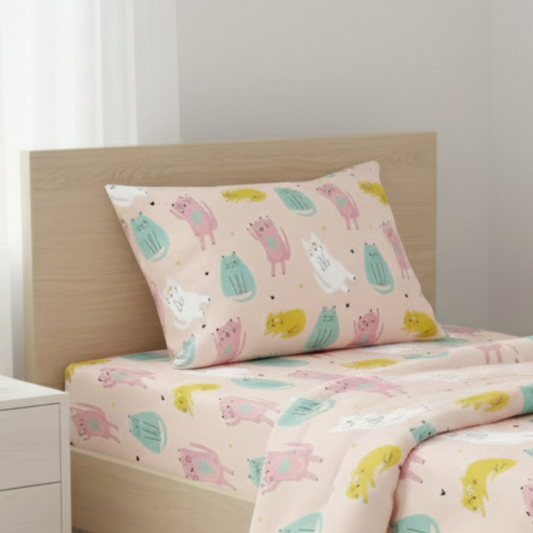 Haboo | Cute Pastel Cat & Heart Print Kids Cotton 3 Pcs Single Bed Set - 60*90 Comforter, Matching Bedsheet & 1 Pillow Cover