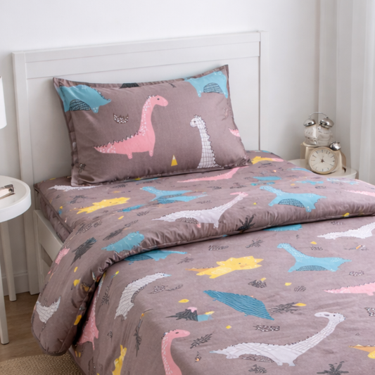 Haboo | Brown Safari Dinosaur & Volcano Cartoon Print Cotton 3 pcs Single Bed Set - 60*90 All-Season Comforter with Bedsheet & 1 Pillow Cover