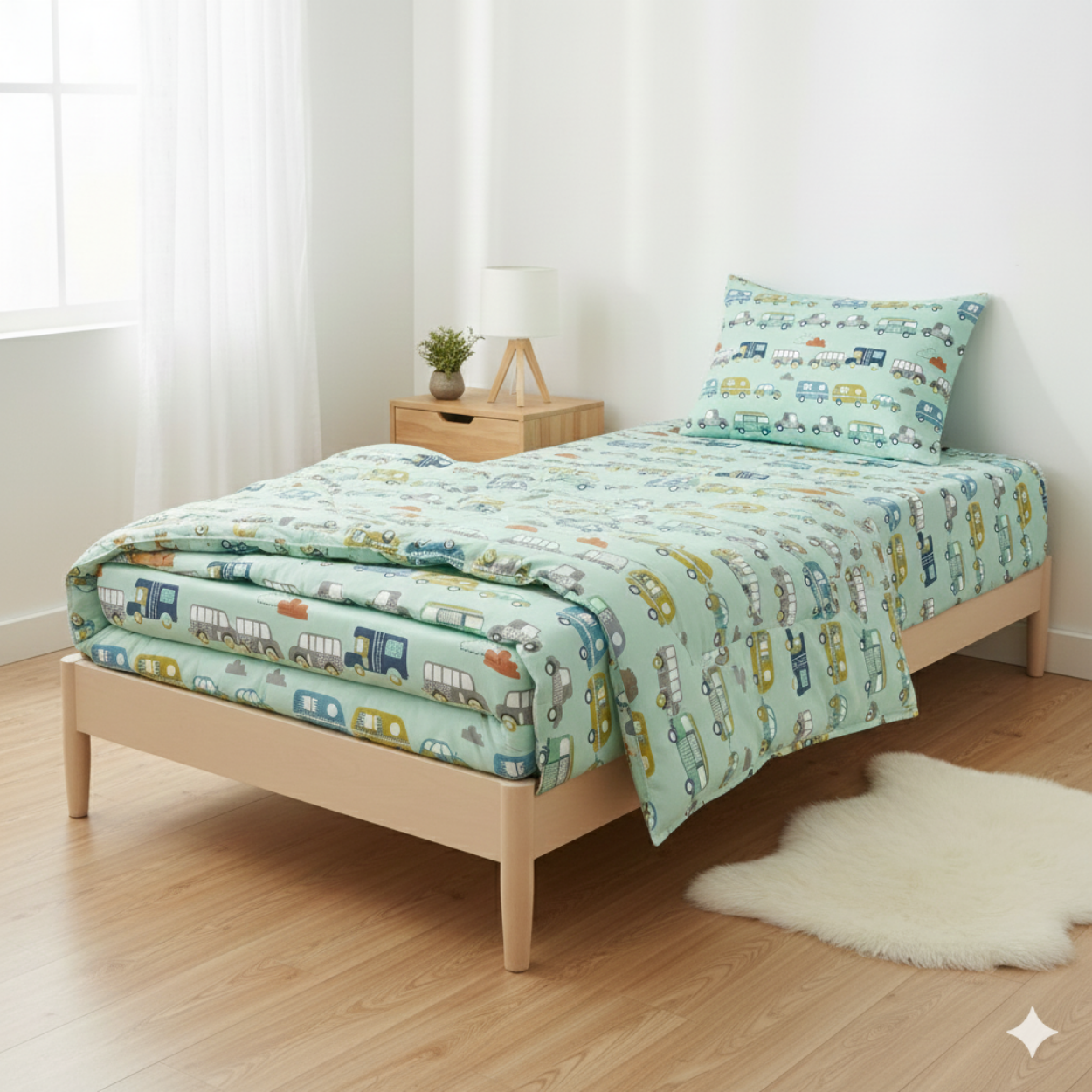 Haboo | Mint Green Vintage Caravan & Retro Vehicle Print Cotton 3 Pcs Single Bed Set - 60*90 Comforter, Bedsheet & 1 Pillow Cover