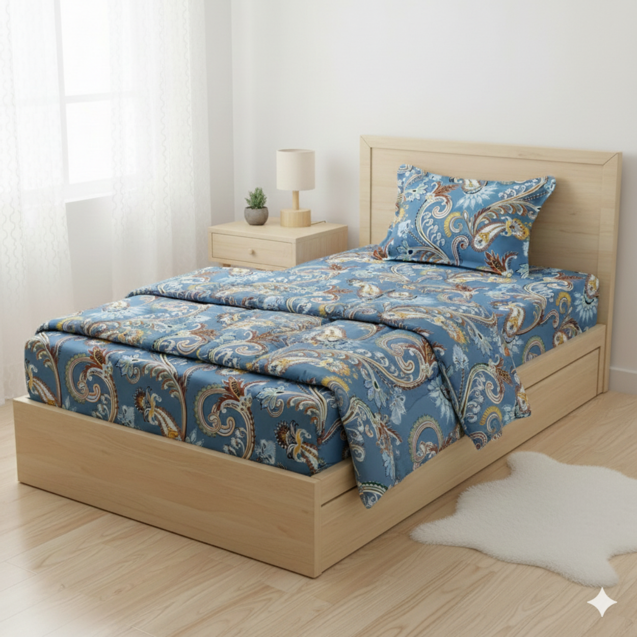 Haboo | Elegant Royal Blue Ornamental Paisley Ethnic Print Cotton 3Pcs Single Bed Set - 60*90 Comforter with Bedsheet & 1 Pillow Cover