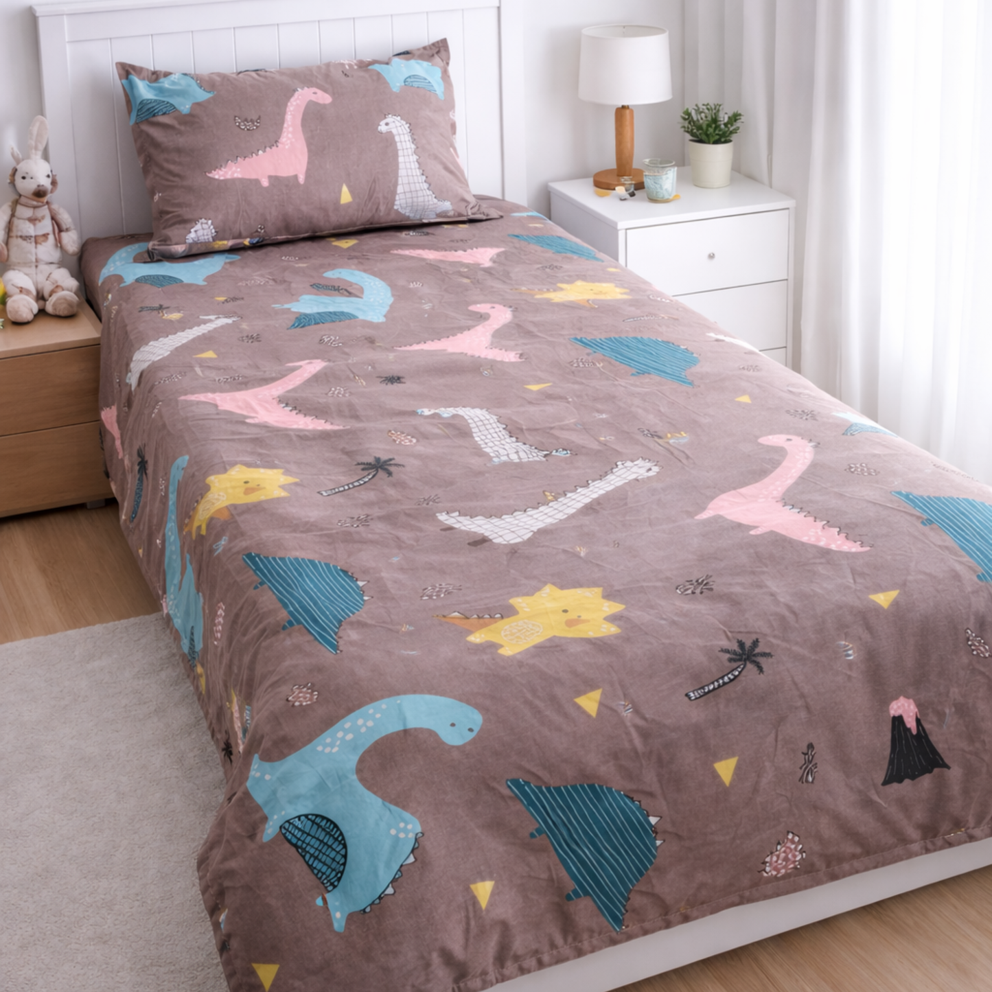 Haboo | Soft & Breathable Cotton Kids Single Bedsheet 60*90 - Grey Dinosaur Theme Bedding Set