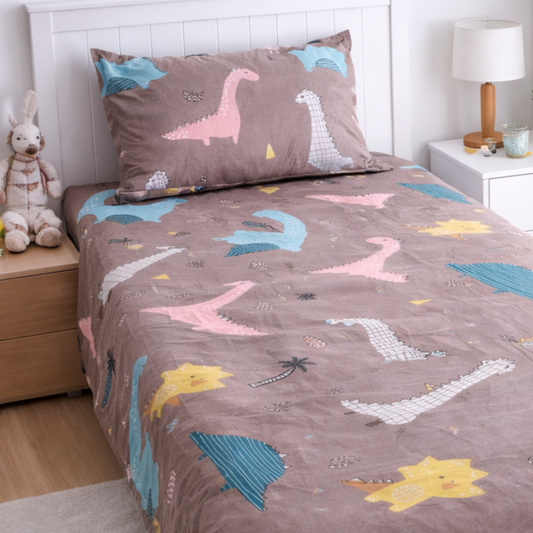 Haboo | Soft & Breathable Cotton Kids Single Bedsheet 60*90 - Grey Dinosaur Theme Bedding Set