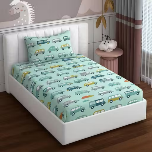 Haboo | Mint Green Vintage Caravan & Car Print Kids Cotton Single Bedsheet - 60*90 Inches, with 1 Pillow Cover
