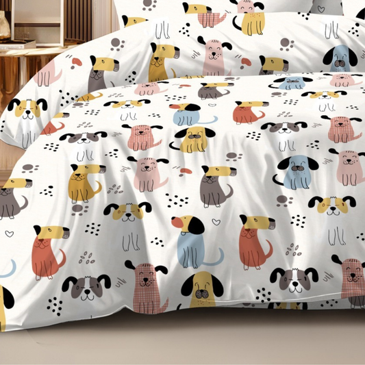 Haboo | Playful Multi-Color Puppy Dog Character Print Cotton 4 PcsDouble Bed Set - 90x100 Comforter, Flat Bedsheet & 2 Pillow Covers