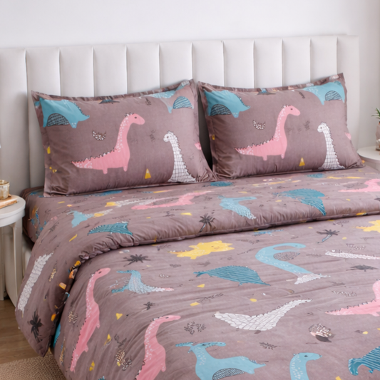 Haboo | Brown Safari Dinosaur & Volcano Cartoon Print Cotton 4 pcs Double Bed Set - 90x100 All-Season Comforter with Bedsheet & 2 Pillow Covers