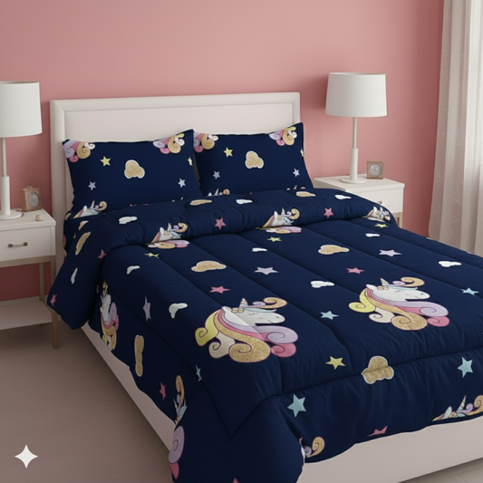 Haboo | Royal Blue Enchanted Unicorn & Stars Kids Cotton Comforter - 90x100 Inches, 100 GSM Lightweight All-Season Quilt