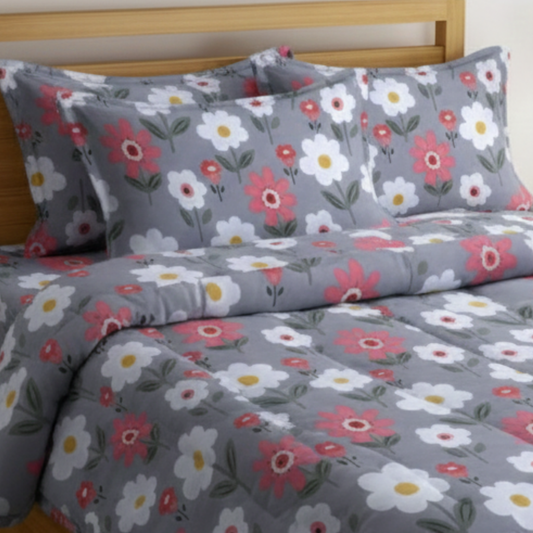 Haboo | Charcoal Grey & Red Daisy Floral Print Cotton 4 Pcs Double Bed Set - 90x100 Comforter, Bedsheet & 2 Pillow Covers