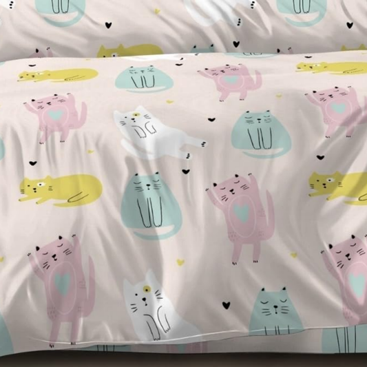 Haboo | Cute Pastel Cat & Heart Print Kids Cotton 4 Pcs Double Bed Set - 90x100 Comforter, Matching Bedsheet & 2 Pillow Covers