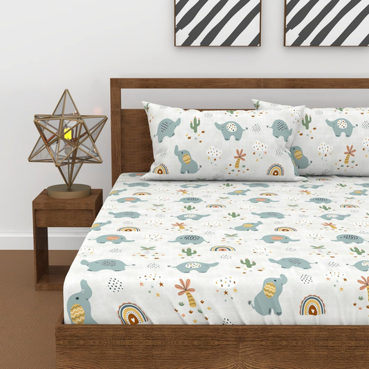 Haboo | Kids Cotton Double Bedsheet (90x100) - Cute Blue Elephant & Rainbow Theme with 2 Pillow Covers