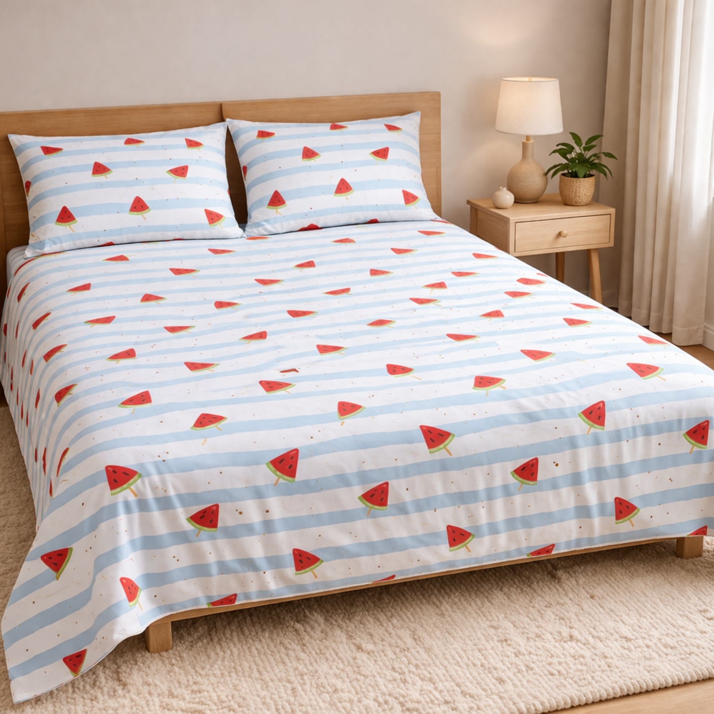 Blue Stripe Watermelon Print Double Bedsheet with 2 Pillow Covers | Soft Cotton Kids Bedding Set